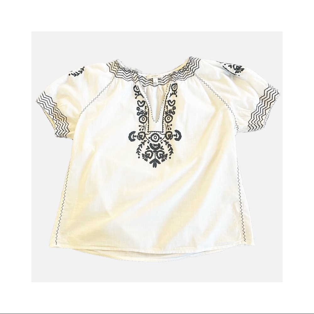 J. Crew Top Short Sleeve White with Black Embroidery size-S